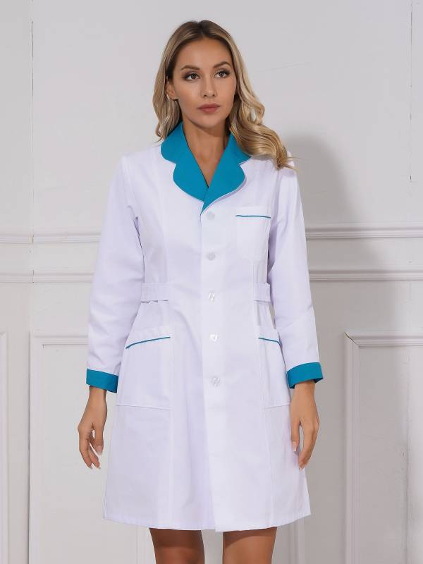 Women Long Sleeve Notch Lapel Front Buttons Nurse Pharmacist Costume Coat thumb
