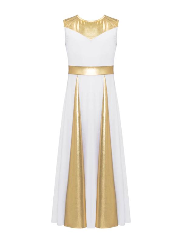 Kids Girls Sleeveless Metallic Color Block A-line Worship Dance Dress thumb