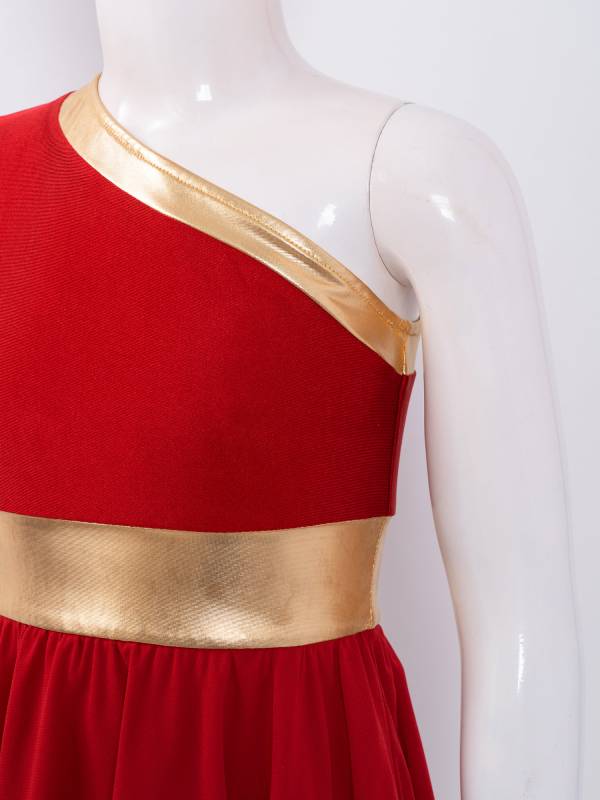 Kids Girls One Shoulder Metallic Asymmetrical Chiffon Praise Dance Dress thumb
