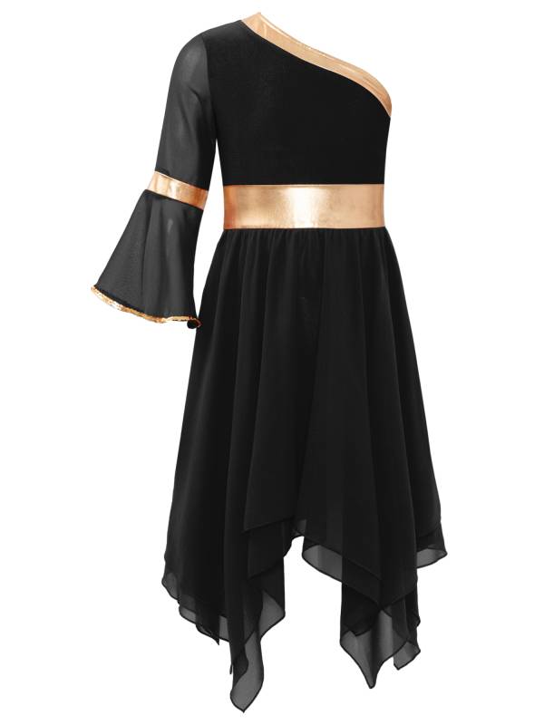 Kids Girls One Shoulder Metallic Asymmetrical Chiffon Praise Dance Dress thumb