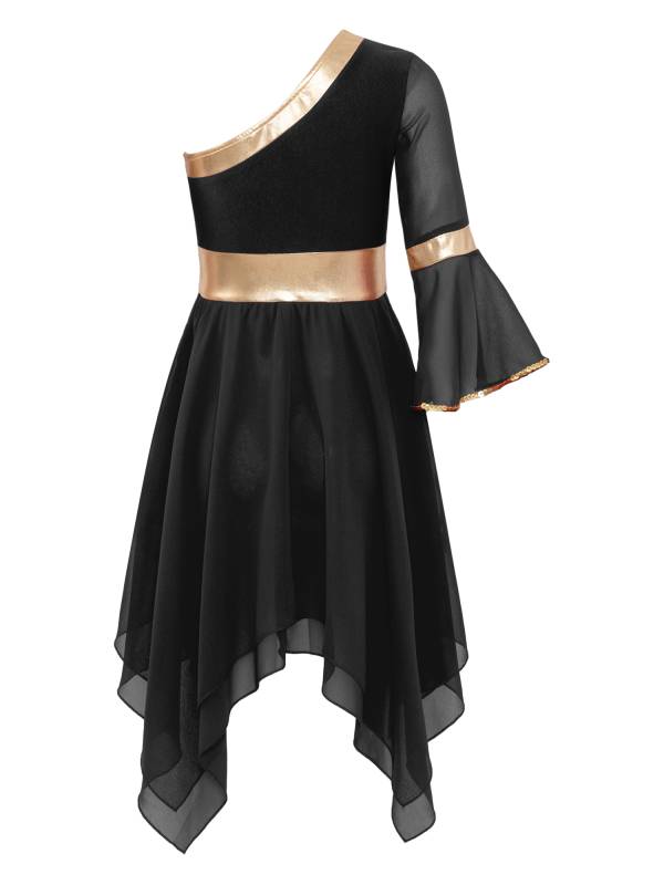 Kids Girls One Shoulder Metallic Asymmetrical Chiffon Praise Dance Dress thumb