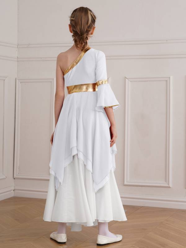 Kids Girls One Shoulder Metallic Asymmetrical Chiffon Praise Dance Dress thumb