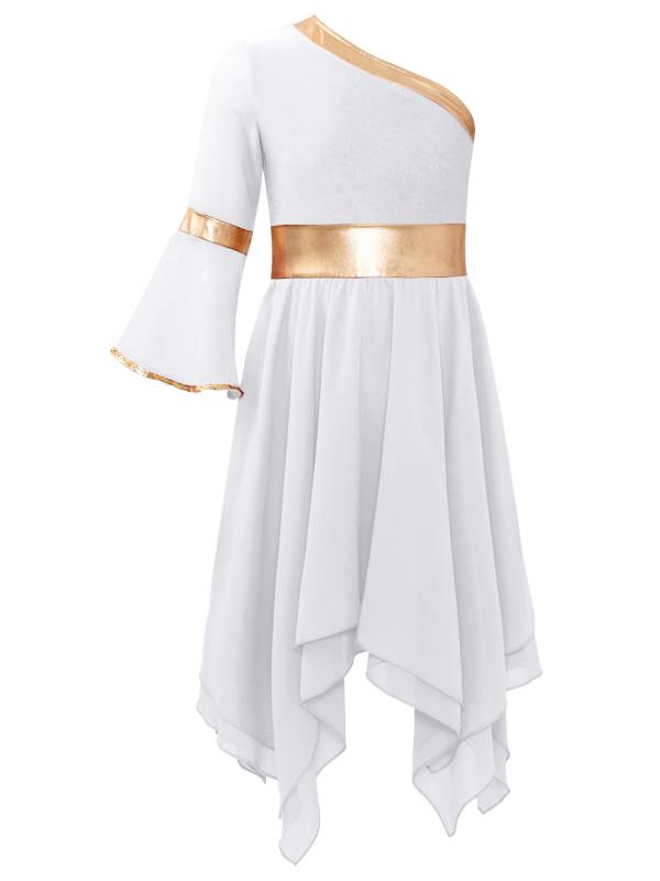 Kids Girls One Shoulder Metallic Asymmetrical Chiffon Praise Dance Dress thumb