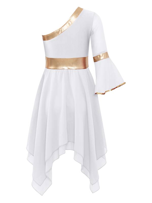 Kids Girls One Shoulder Metallic Asymmetrical Chiffon Praise Dance Dress thumb