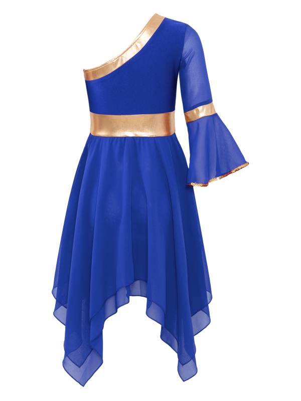 Kids Girls One Shoulder Metallic Asymmetrical Chiffon Praise Dance Dress thumb