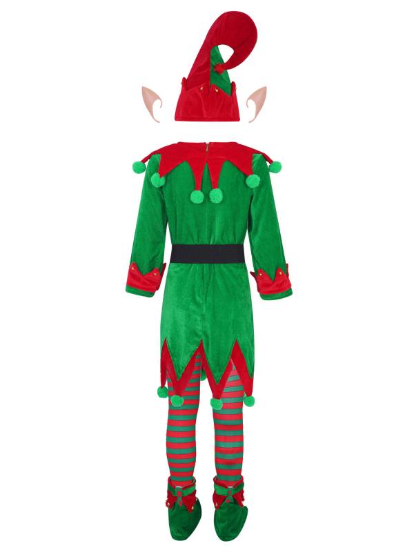 Kids 6pcs Christmas Elf Costume Long Sleeve Pompoms Asymmetrical Dress Set thumb