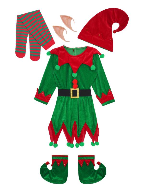 Kids 6pcs Christmas Elf Costume Long Sleeve Pompoms Asymmetrical Dress Set thumb