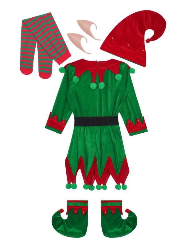 Kids 6pcs Christmas Elf Costume Long Sleeve Pompoms Asymmetrical Dress Set thumb