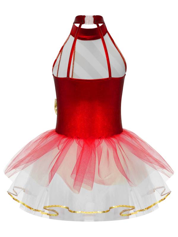 Kids Girls Christmas Sleeveless Halter Neck Striped Tutu Dress thumb