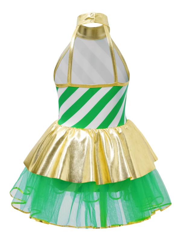 Kids Girls Christmas Metallic Halter Neck Sequin Bow Striped Tutu Dress thumb