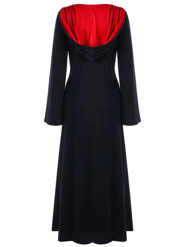 Women Lace-up V Neck Long Sleeve Hooded Dress Halloween Witch Costume thumb