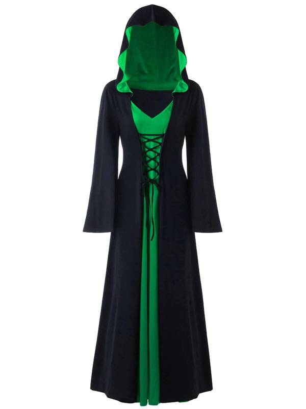 Women Lace-up V Neck Long Sleeve Hooded Dress Halloween Witch Costume thumb