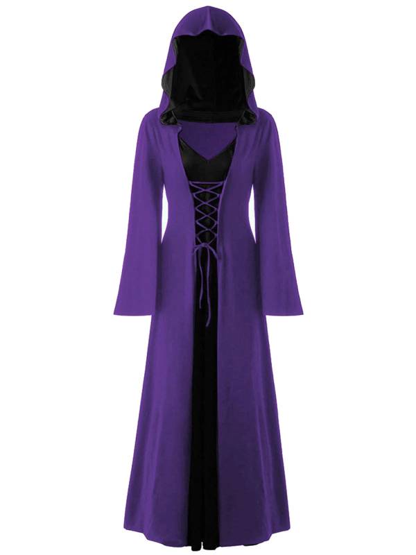 Women Lace-up V Neck Long Sleeve Hooded Dress Halloween Witch Costume thumb