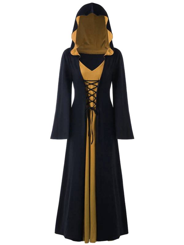 Women Lace-up V Neck Long Sleeve Hooded Dress Halloween Witch Costume thumb
