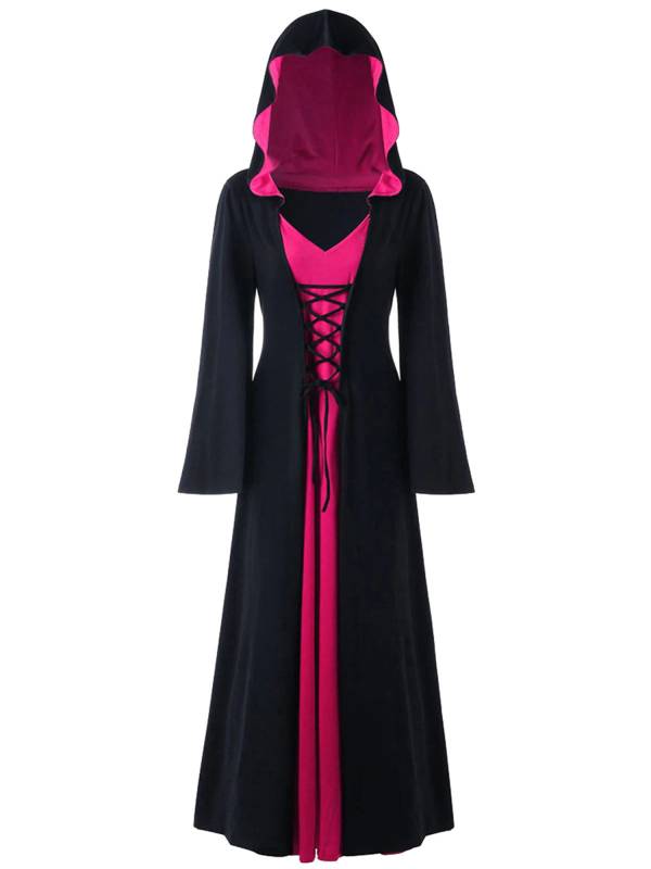 Women Lace-up V Neck Long Sleeve Hooded Dress Halloween Witch Costume thumb