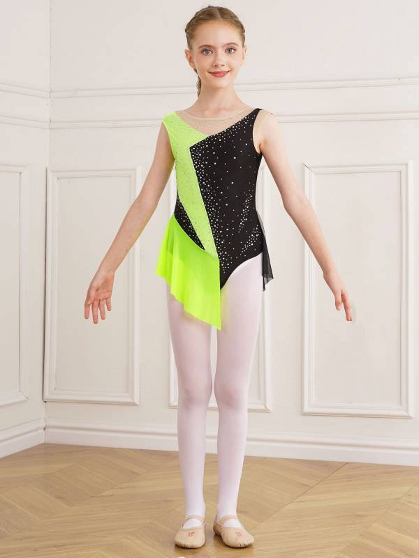 Kids Girls Sparkly Rhinestone Color Block Gymnastics Leotard thumb