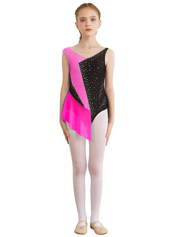 Kids Girls Sparkly Rhinestone Color Block Gymnastics Leotard thumb