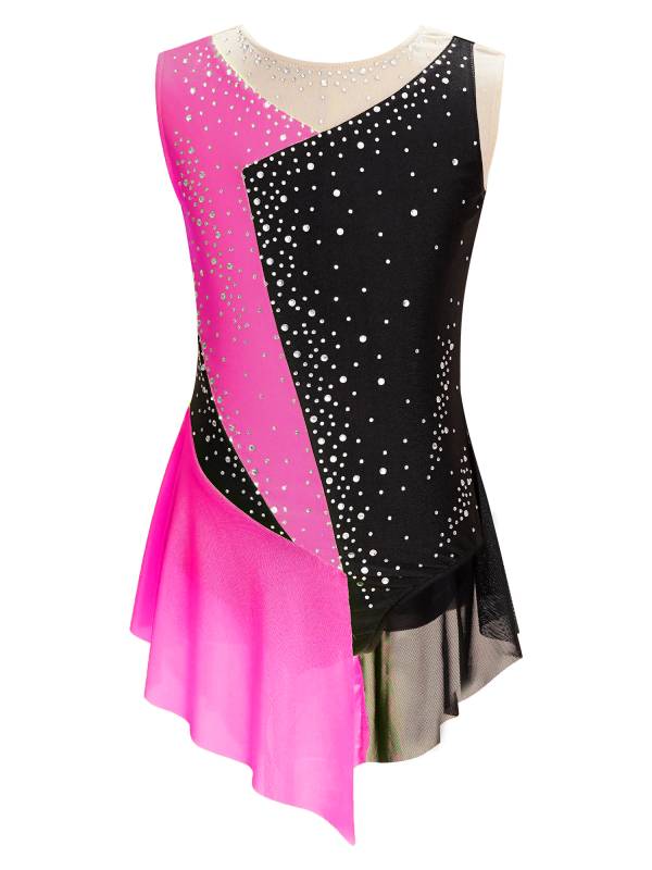 Kids Girls Sparkly Rhinestone Color Block Gymnastics Leotard thumb