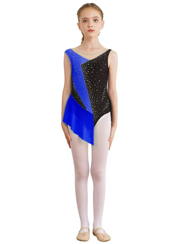 Kids Girls Sparkly Rhinestone Color Block Gymnastics Leotard thumb
