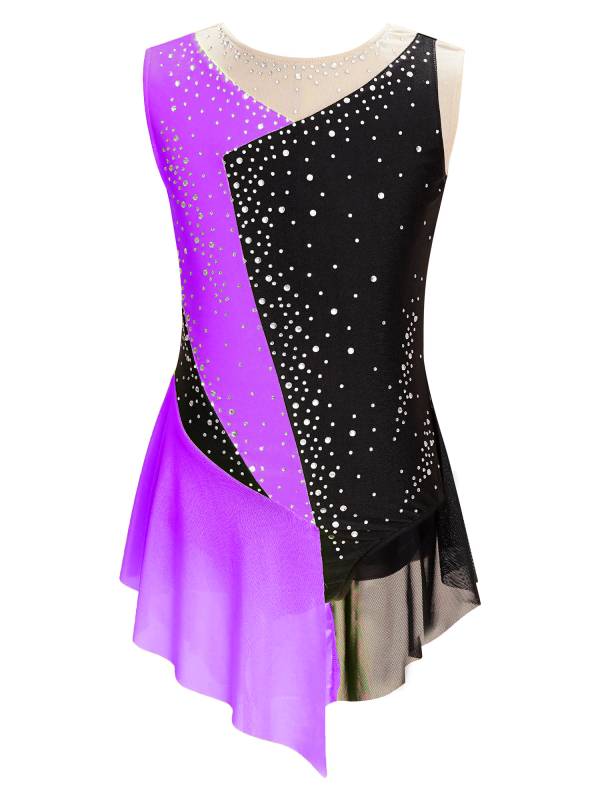 Kids Girls Sparkly Rhinestone Color Block Gymnastics Leotard thumb
