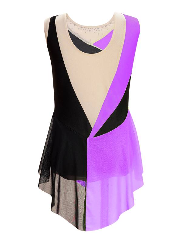 Kids Girls Sparkly Rhinestone Color Block Gymnastics Leotard thumb