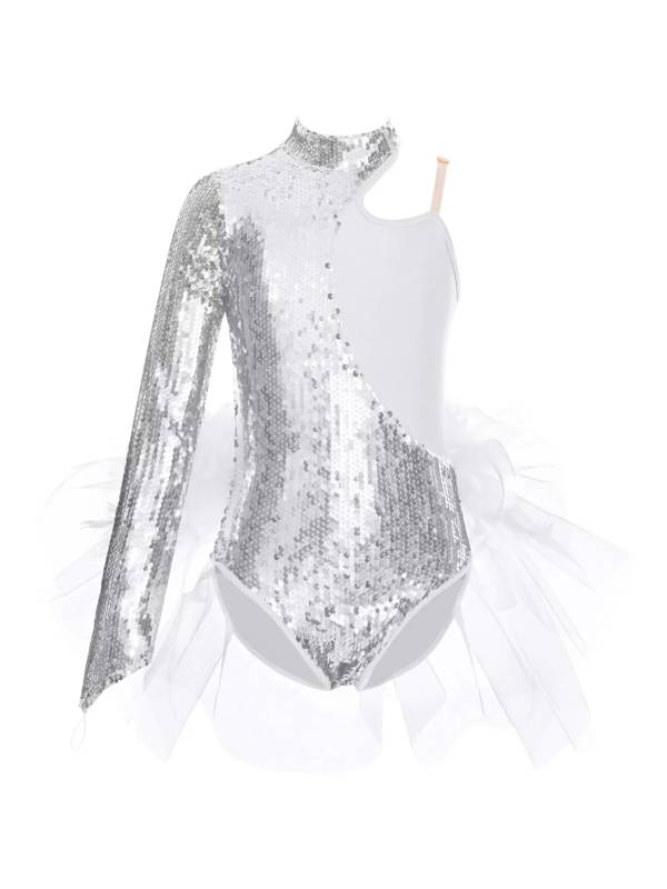 Kids Girls Sparkly Sequins Long Sleeve Jazz Dance Leotard thumb