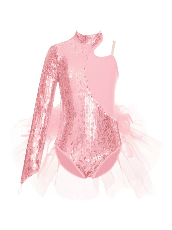Kids Girls Sparkly Sequins Long Sleeve Jazz Dance Leotard thumb