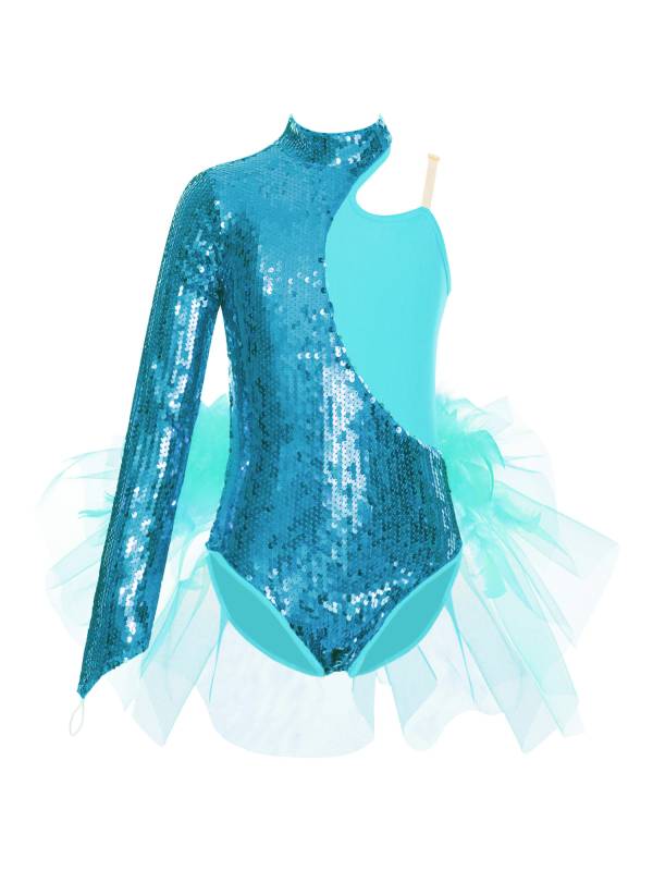 Kids Girls Sparkly Sequins Long Sleeve Jazz Dance Leotard thumb