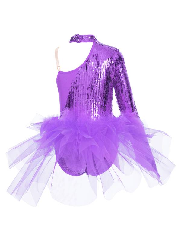 Kids Girls Sparkly Sequins Long Sleeve Jazz Dance Leotard thumb