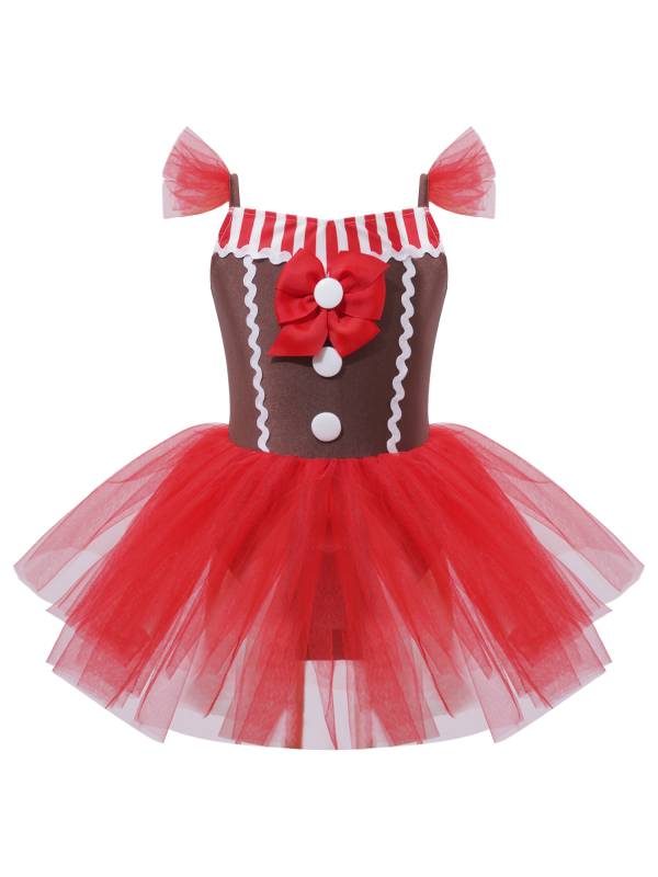 Kids Girls Christmas Red Sleeveless Bowknot Striped Tutu Dress thumb