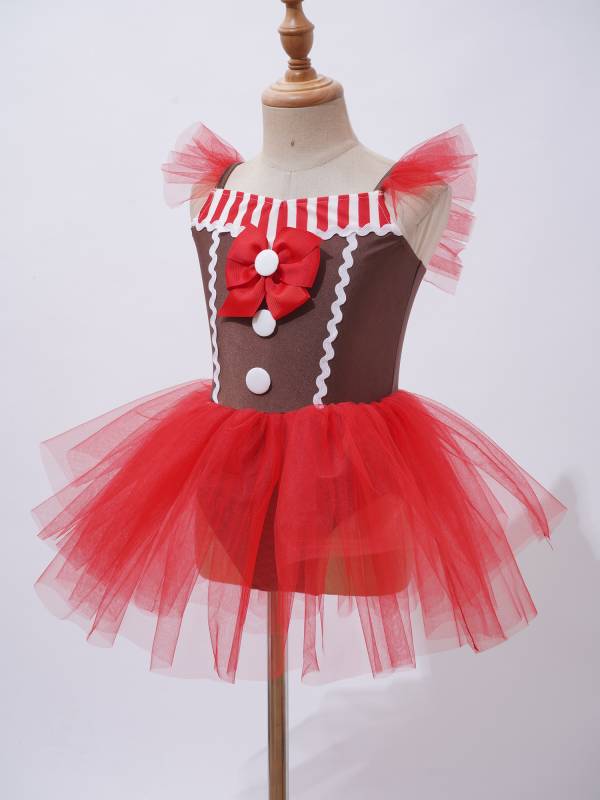 Kids Girls Christmas Red Sleeveless Bowknot Striped Tutu Dress thumb