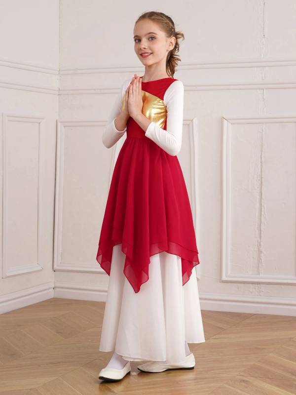 Kids Girls Sleeveless Metallic Asymmetrical Praise Dance Dress Tunic thumb