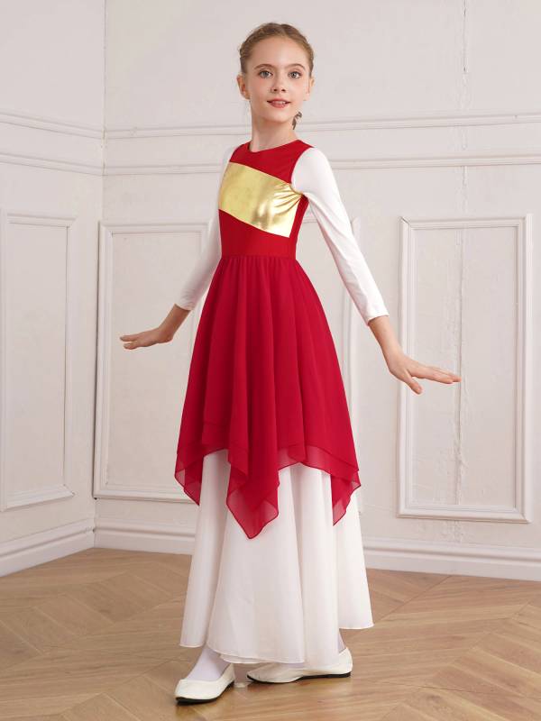 Kids Girls Sleeveless Metallic Asymmetrical Praise Dance Dress Tunic thumb