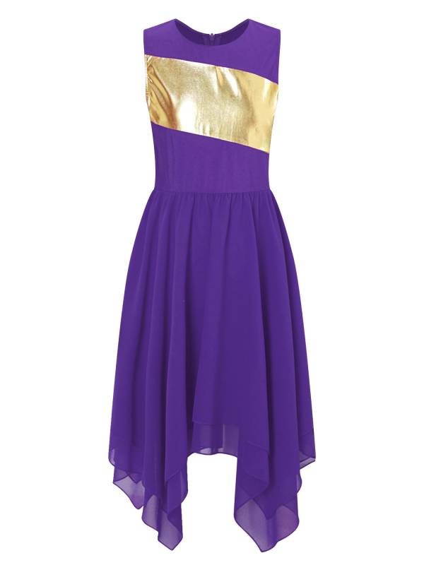 Kids Girls Sleeveless Metallic Asymmetrical Praise Dance Dress Tunic thumb