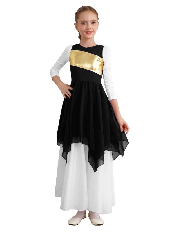 Kids Girls Sleeveless Metallic Asymmetrical Praise Dance Dress Tunic thumb