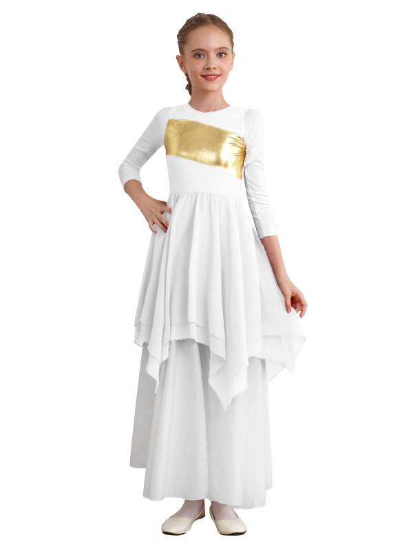 Kids Girls Sleeveless Metallic Asymmetrical Praise Dance Dress Tunic thumb