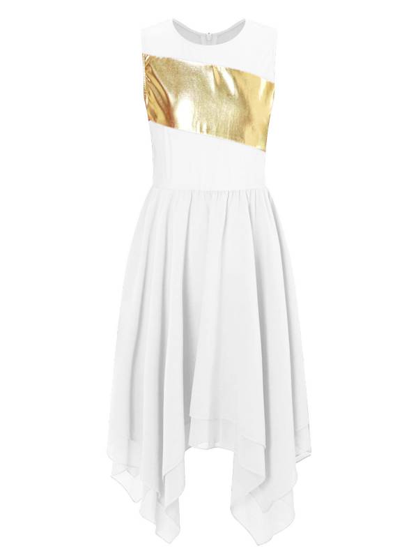 Kids Girls Sleeveless Metallic Asymmetrical Praise Dance Dress Tunic thumb