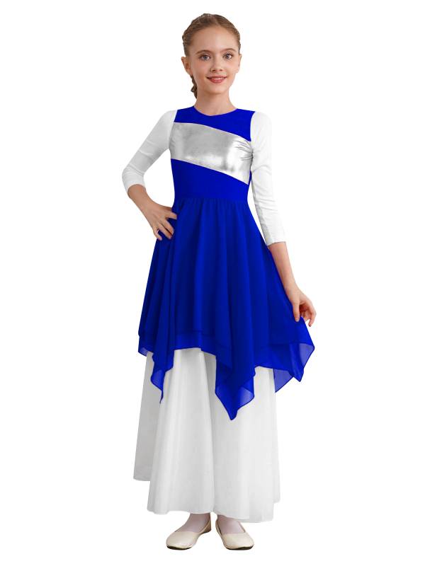 Kids Girls Sleeveless Metallic Asymmetrical Praise Dance Dress Tunic thumb