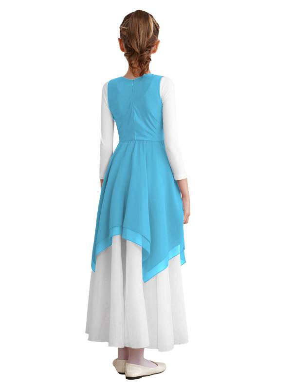 Kids Girls Sleeveless Metallic Asymmetrical Praise Dance Dress Tunic thumb