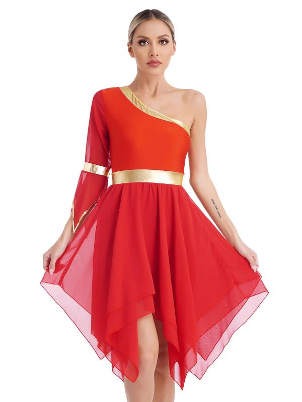 Women One Shoulder Worship Praise Dance Dress(white shirt not include) thumb