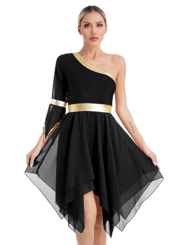 Women One Shoulder Worship Praise Dance Dress(white shirt not include) thumb