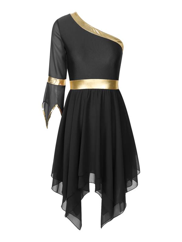 Women One Shoulder Worship Praise Dance Dress(white shirt not include) thumb