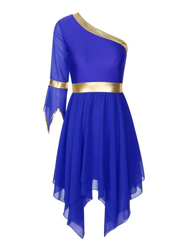 Women One Shoulder Worship Praise Dance Dress(white shirt not include) thumb