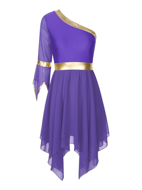 Women One Shoulder Worship Praise Dance Dress(white shirt not include) thumb