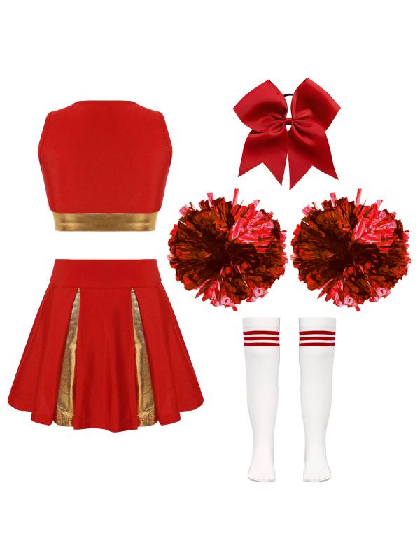 Kids Girls Sleeveless Cheerleading Dance Crop Top Pleated Skirt Sets thumb