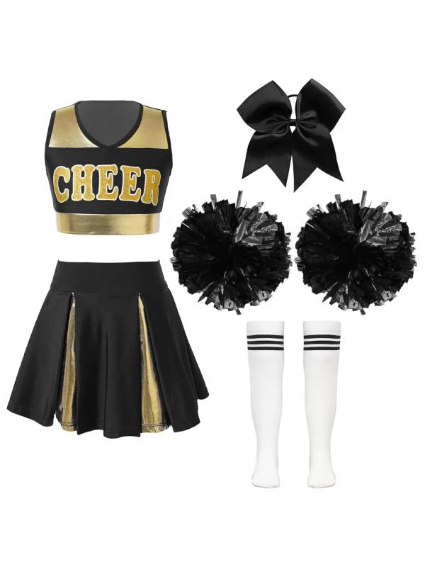 Kids Girls Sleeveless Cheerleading Dance Crop Top Pleated Skirt Sets thumb