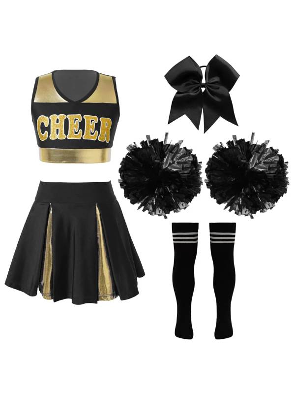 Kids Girls Sleeveless Cheerleading Dance Crop Top Pleated Skirt Sets thumb