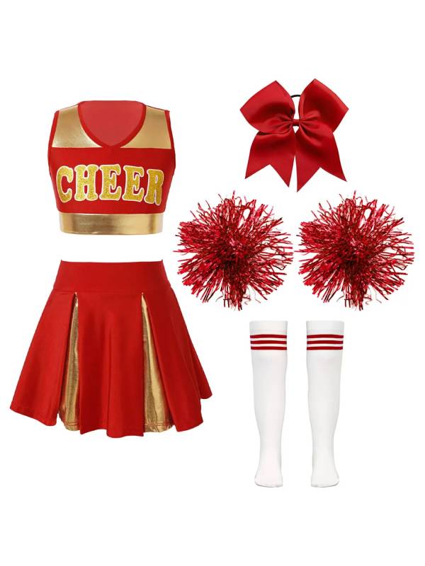 Kids Girls Sleeveless Cheerleading Dance Crop Top Pleated Skirt Sets thumb