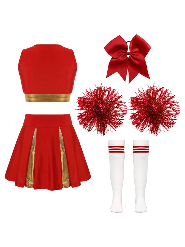Kids Girls Sleeveless Cheerleading Dance Crop Top Pleated Skirt Sets thumb