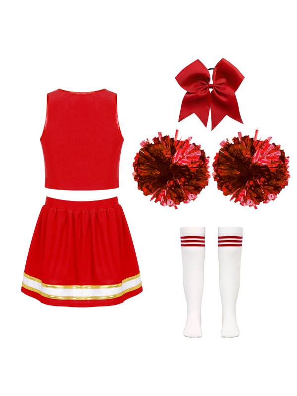 Kids Girls 7pcs Sleeveless Letter Print Crop Top and Skirt Cheerleading Set thumb